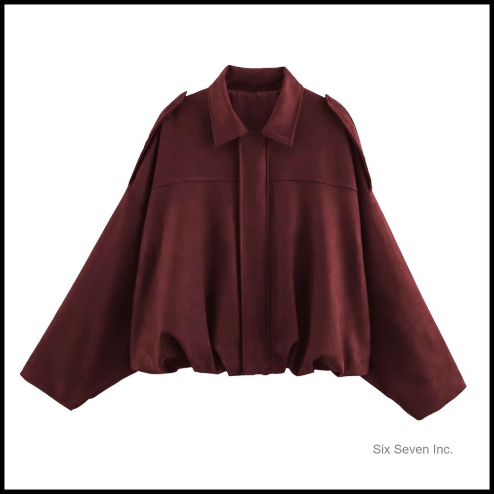 Faux Suede Bomber Jacket Lightweight Batwing Sleeve Oversized Coat